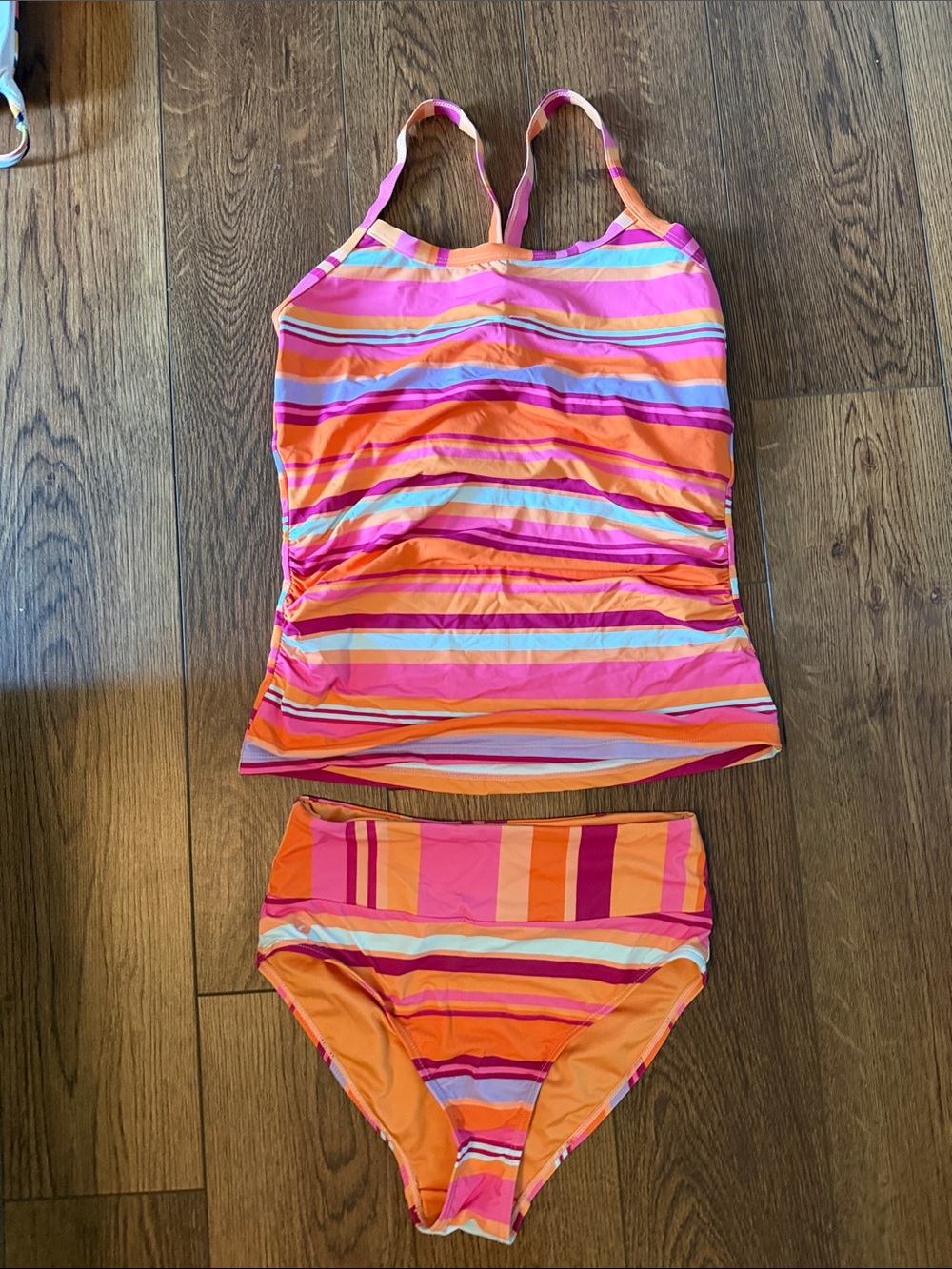 Striped Pink & Orange Tankini Set - Vibrant Two-Piece Swim